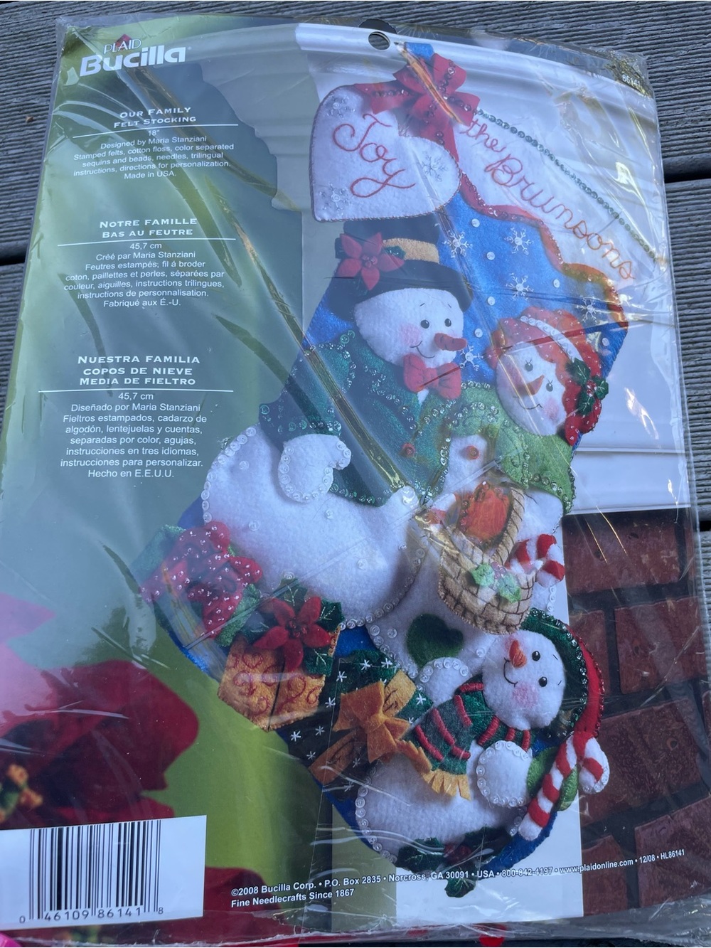 BUCILLA Our Family Snowman Christmas Stocking Kit Felt Applique New Sealed 86141